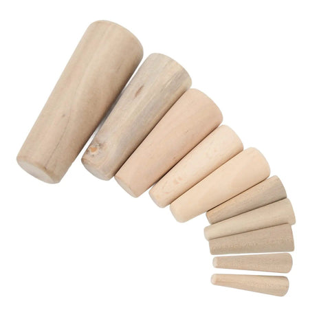Boater Ready Wooden Conical Bungs Plugs Set Ten Pcs For Thru Hull Emergency Seals in varying sizes, displayed in sequence