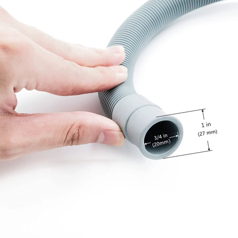 Close-up of 10 Foot Universal Washing Machine Drain Hose Extension Kit With Flared Ends For Easy Install Flexible Heavy Duty Discharge Hose Fits Up To One And A Half Inch Outlets Includes Four Heads For LG GE Samsung Whirlpool Haier And Portable Units, showing 3/4 inch diameter