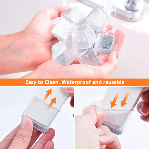 Square Chair Leg Floor Protectors 36 Pack being handled, showing clear silicone covers and felt pads for scratch prevention on hardwood floors.