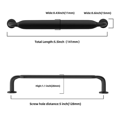 Sleek matte black Heavy Duty Zinc Alloy Kitchen Cabinet Pulls, 5 Inch handles displaying dimensions and installation details.