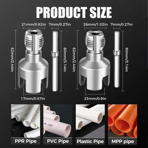 Heavy Duty Pipe Thread Cutter And PVC Threading Tool Kit showing product size and compatible pipe types