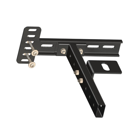 Built Rock Solid Headboard Brackets For Metal Bed Frames Adjustable Universal Extensions Matte Black close-up view with fasteners.