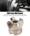 Front view of silver CNC face mill cutter with four flutes, spiral offset design for SEKT1204