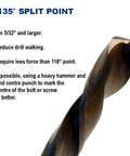 Close-up of 135-degree split point feature of Left Hand Drill Bit Set For Damaged Bolts And Screws, M35 Cobalt, Seven-Piece Stubby Length