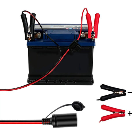 Heavy Duty Alligator Clamp Extension Cable To Female Cigarette Lighter Socket Adapter connected to vehicle battery with clamps