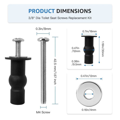 Product dimensions of 4 Pack Toilet Seat Bolts Kit With Nuts And Washers For Top Mount Hinges Fits Three Eighths Inch Mounting Holes
