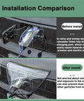 Before and after installation of Keep Your EV Port Dry As A Bone With This Hella Tough Magnetic Cover on an EV.
