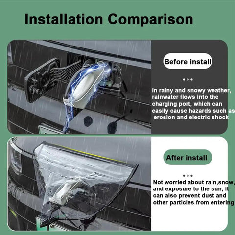 Before and after installation of Keep Your EV Port Dry As A Bone With This Hella Tough Magnetic Cover on an EV.