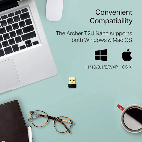 Nano AC600 USB WiFi Adapter Archer T2U Nano Dual Band USB Network Transceiver shown with laptop and accessories