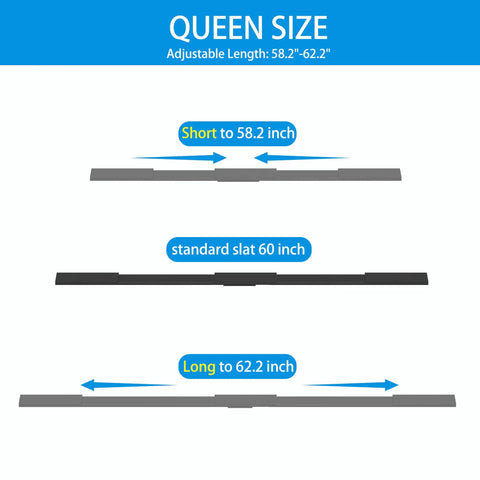 Heavy Duty Queen Bed Slats Universal Replacement For Metal Or Wood Frames Adjustable Length supports 58.2-62.2 inches, showcasing lengths.