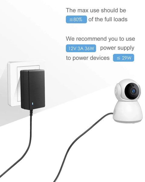 12V DC Power Supply 3A Universal AC Adapter 100-240V Input 50-60Hz To 12V Output Power Brick For LED Strip Lights CCTV Cameras PC Monitors And More With 5.5mm x 2.5mm Or 2.1mm DC Connector used with CCTV camera