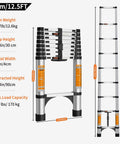 12.5 Ft Telescoping A Frame Ladder for Home Roof and RV Use, folded and extended aluminum ladder with 375 lb capacity