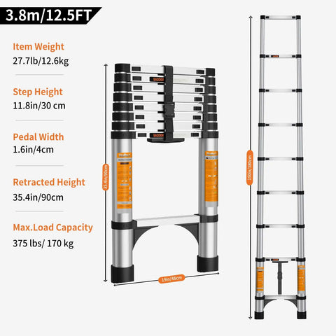 12.5 Ft Telescoping A Frame Ladder for Home Roof and RV Use, folded and extended aluminum ladder with 375 lb capacity