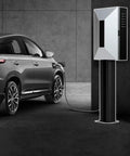 All Weather EV Charger Enclosure With Secure Keypad Lock For Tesla And Most Electric Vehicles near a black vehicle in a modern setting.