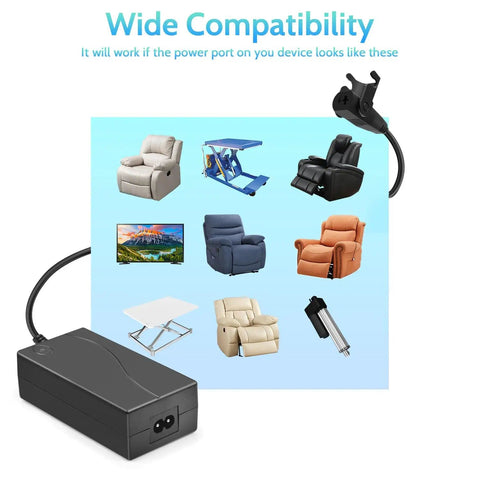 Wide Power Recliner Power Supply Kit 29V 2A 2-Pin Adapter with compatibility chart showing various furniture types.