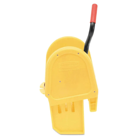 Workhorse Down Press Mop Wringer For WaveBrake Buckets with ergonomic red handle and yellow heavy-duty build for effective moisture extraction.