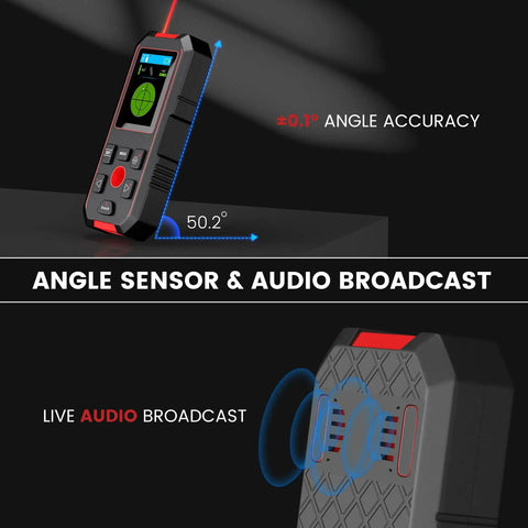Three In One Stud Finder With 196 Feet Laser Measure And Wall Scanner, showing angle accuracy feature and audio broadcast