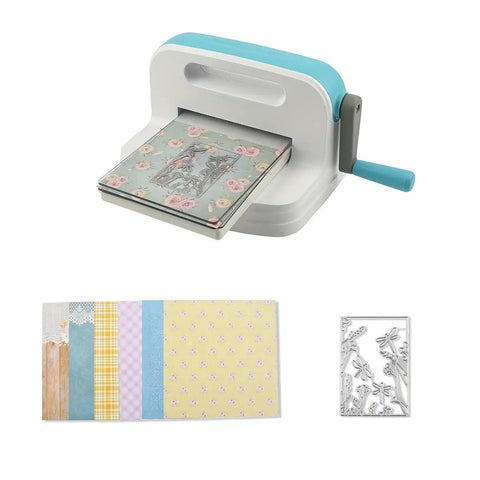 Six Inch Die Cutting And Embossing Machine For Card Making And Scrapbooking, Diy Crafts, with floral embossing plate and papers