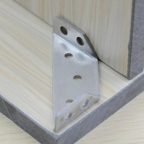 Six Pack Stainless Steel Corner Brackets for Wood Furniture, Triangular Shape, Easy Install, Heavy Duty Corner Connectors in use