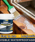 Heavy Duty Clear Waterproof Sealant Slick Seamless Liquid Coat Rock Solid Weather Shield on wooden surface with brush.