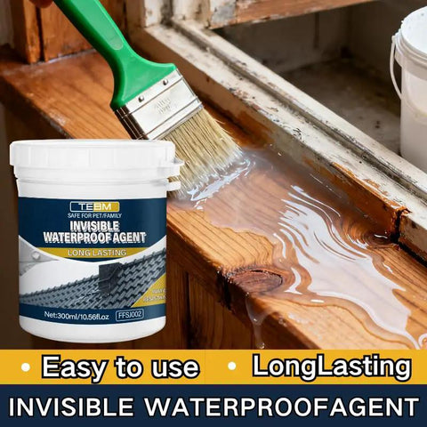 Heavy Duty Clear Waterproof Sealant Slick Seamless Liquid Coat Rock Solid Weather Shield on wooden surface with brush.
