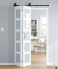 Heavy Duty Bifold Barn Door 48X84 Double Frame With Frosted Glass And Full Track Kit, shown in open position against a gray wall.