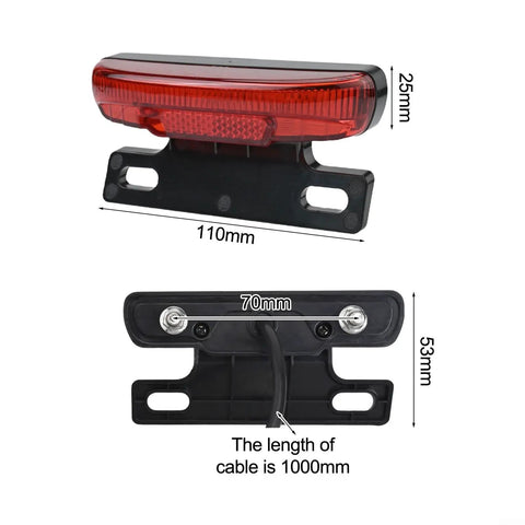 Must Have E Bike Rear Light For 36 Volt Or 48 V Batteries With 6 Pin Connector Plug And Super Bright Led Tail Lamp That Flashes Brake Signal At Night For Maximum Safety On The Road. 110mm x 25mm red ABS rear light with 1000mm cable