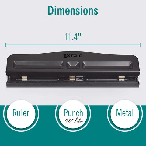 Workhorse 3 Hole Punch For Binders Heavy Duty Metal Hole Puncher with 11.4-inch width, shown with dimensions, ruler, metal details