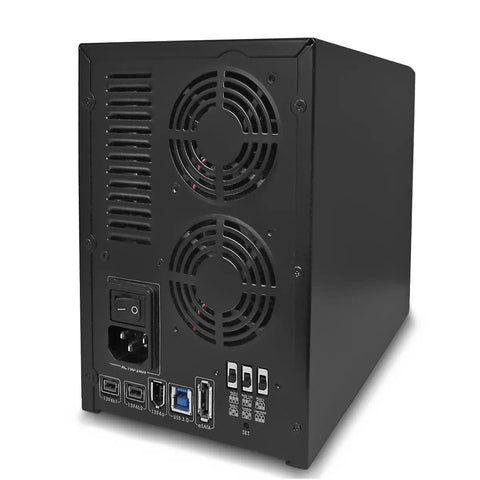 Back view of Top Shelf Five Bay Raid Hard Drive Enclosure Equipped With Dead Fast USB 3.0 Firewire 800 And Esata Ports.