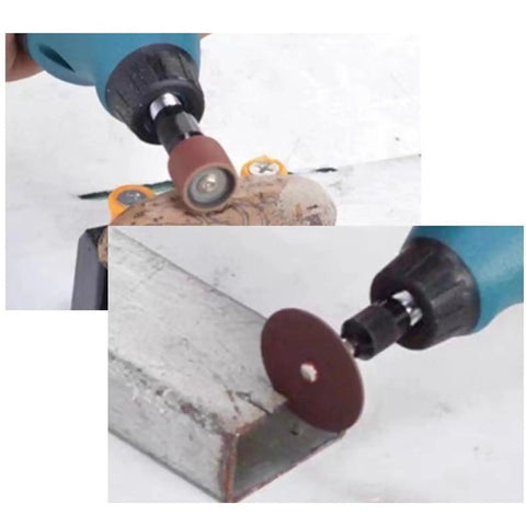 Pro Knockout 12V Cordless Angle Grinder And Compact Mini Rotary Tool features sanding and cutting attachments on wood and metal.