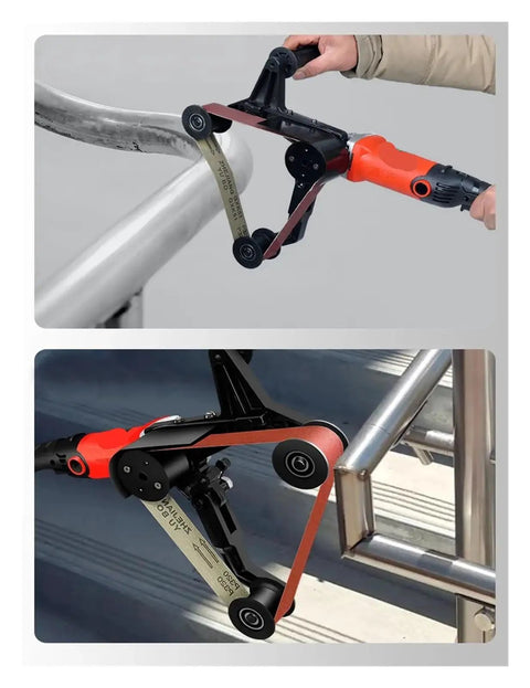Top Notch Industrial Electric Belt Sander For Pipe, heavy duty tool polishing metal tubes, ergonomic grip and durable design.