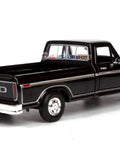 Rear view of Ford F150 1 24 Diecast Collectible Model Truck Black With Opening Doors And Detailed Interior Slick Premium Rubber Tires