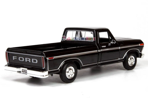 Rear view of Ford F150 1 24 Diecast Collectible Model Truck Black With Opening Doors And Detailed Interior Slick Premium Rubber Tires