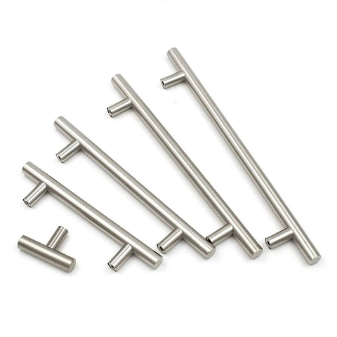 5 Pack Brushed Nickel T Bar Cabinet Knobs 2 Inch Heavy Duty Stainless Steel Kitchen Drawer Pulls in varied sizes on white background.