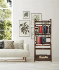 Industrial 4 Tier Bookshelf Freestanding Rustic Display Bookcase with books next to a sofa in a living room, natural wood finish.
