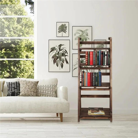Industrial 4 Tier Bookshelf Freestanding Rustic Display Bookcase with books next to a sofa in a living room, natural wood finish.