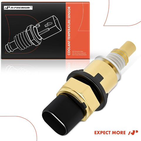 Engine coolant temperature sensor by A-Premium with brass body and black plastic tip, shown with packaging box.