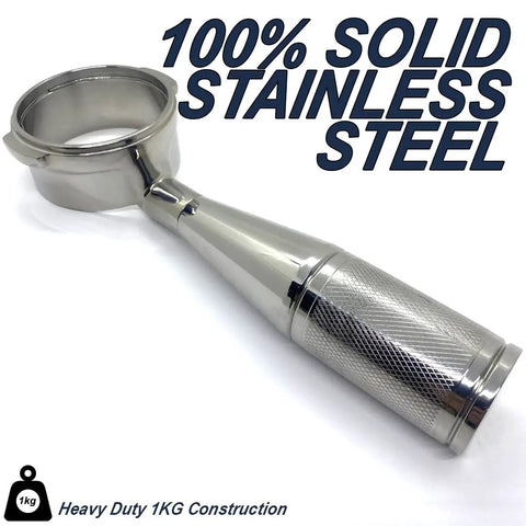 Pro Grade 58Mm Stainless Steel Bottomless Espresso Portafilter Hella Stable Tamping Grip with a shiny 1kg solid build.