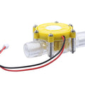 12V Micro Hydroelectric Water Turbine Generator with Adjustable Nozzle shown in clear plastic housing with wires for off-grid power.