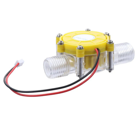 12V Micro Hydroelectric Water Turbine Generator with Adjustable Nozzle shown in clear plastic housing with wires for off-grid power.