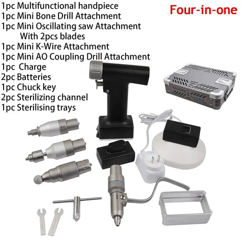 Pro Grade Veterinary Orthopedic Bone Drill And Knockout Precision Surgical Saw With Heavy Duty Motor And Four Quick Bit Swaps Plus Sterilization Case parts and attachments layout