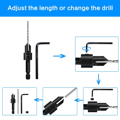 7 Pack Countersink Drill Bits Set 3 In 1 Woodworking Tool With Countersink Counterbore And Drill Bit in One Pass shown with allen wrench