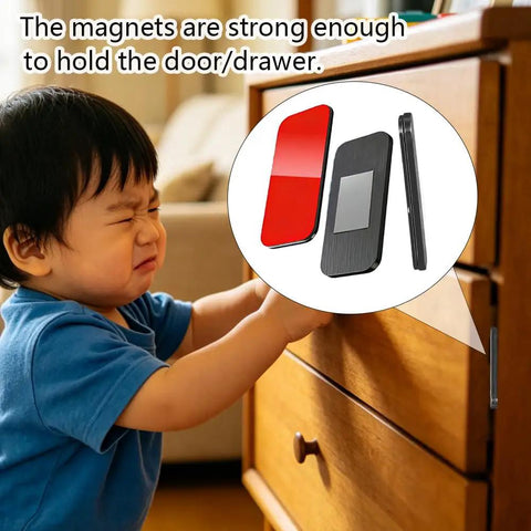 Child tries opening drawer secured with No Drill Magnetic Cabinet Door Catch With Ultra Strong Adhesive Mount Drawer Magnet Latch