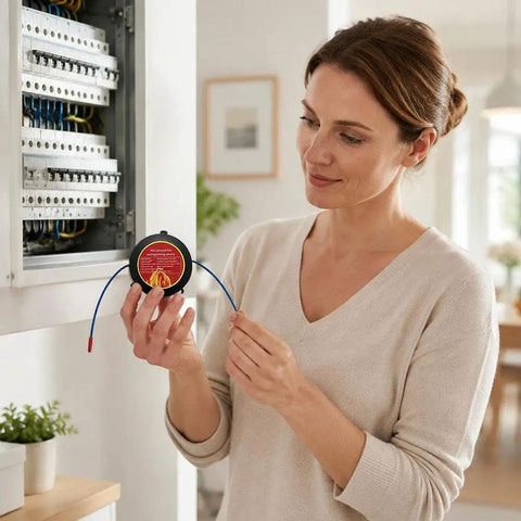 Woman holding Automatic Aerosol Fire Extinguisher Simple Apply Fire Suppression Sticker For Car Under Hoods And Breaker Panels.