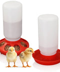 Automatic Chick Feeder And Waterer Set No Waste Brooder Kit For Baby Chicks Ducks And Quail Includes One Liter Drink Dispenser And One Kilo Feed Hopper with young chicks.