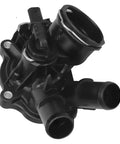 Direct Fit Engine Cooling Thermostat Housing Assembly For Mercedes Benz C Class E Class Model Years 2007 To 2021 side view of black plastic part with hoses