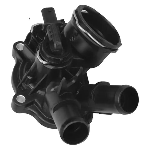 Direct Fit Engine Cooling Thermostat Housing Assembly For Mercedes Benz C Class E Class Model Years 2007 To 2021 side view of black plastic part with hoses