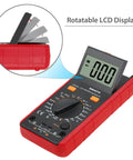 LCR Meter Capacitance Inductance Resistance Tester With LCD Overrange Display and rotatable screen, shown in red angle view.