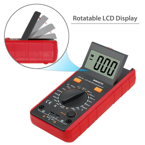 LCR Meter Capacitance Inductance Resistance Tester With LCD Overrange Display and rotatable screen, shown in red angle view.
