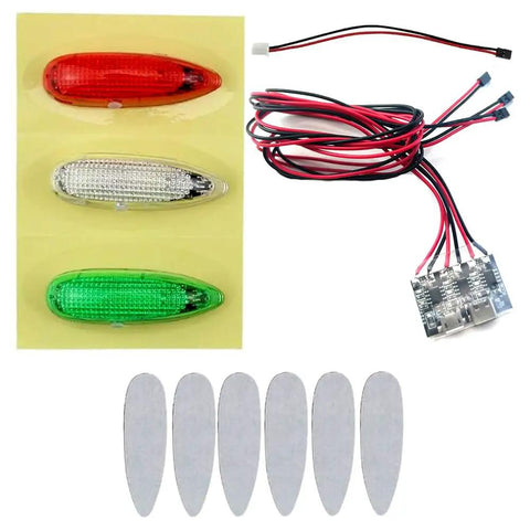 Rechargeable RC Plane LED Light Kit with red green white flashing lights, wiring, charging module, and adhesive films for aircraft.